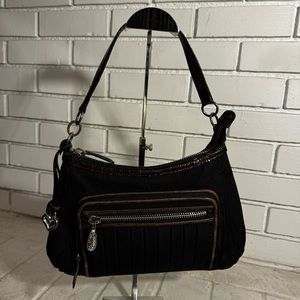 Vintage Brighton Black Nylon Pleated Shoulder Bag with Croc Leather Trim